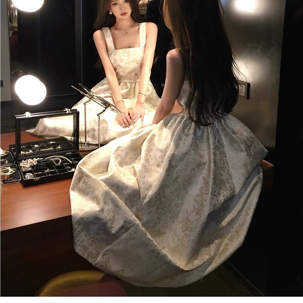 Luxury White Strapless Gold Butterfly Motif Maxi Dress - Picture 9 of 16